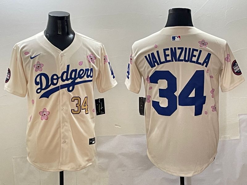 Men Los Angeles Dodgers #34 Valenzuela Cream White Blue Sakura Edition 2025 Nike MLB Jersey style 3->los angeles dodgers->MLB Jersey